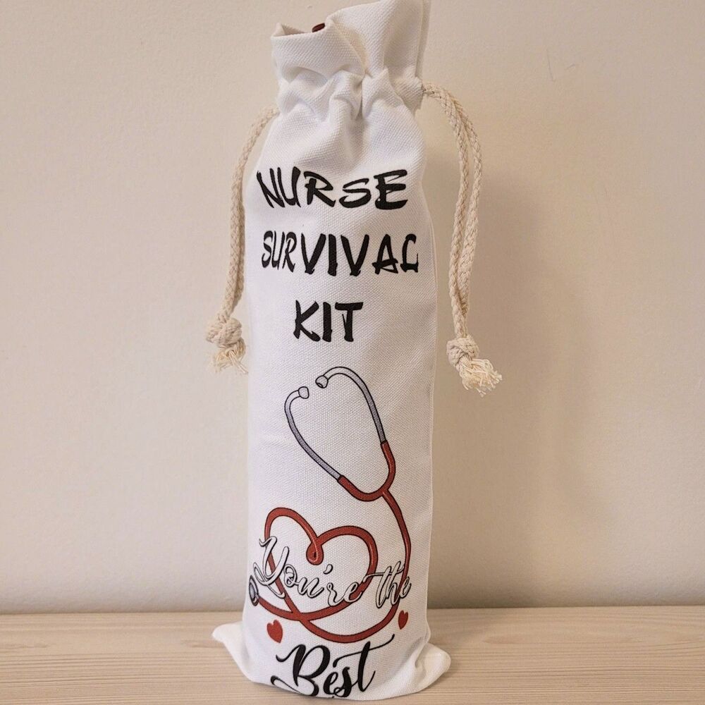 Nurse Survival Kit Canvas Wine Drawstring Gift Bag - Picture 2 of 3